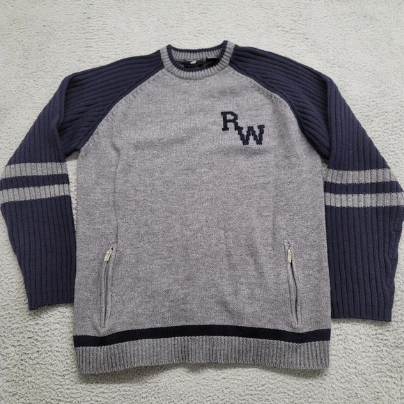 Rocawear Sweater Mens Large Gray Blue Wool Blend Vintage RW Spellout Knit Y2K 90 - Picture 1 of 14